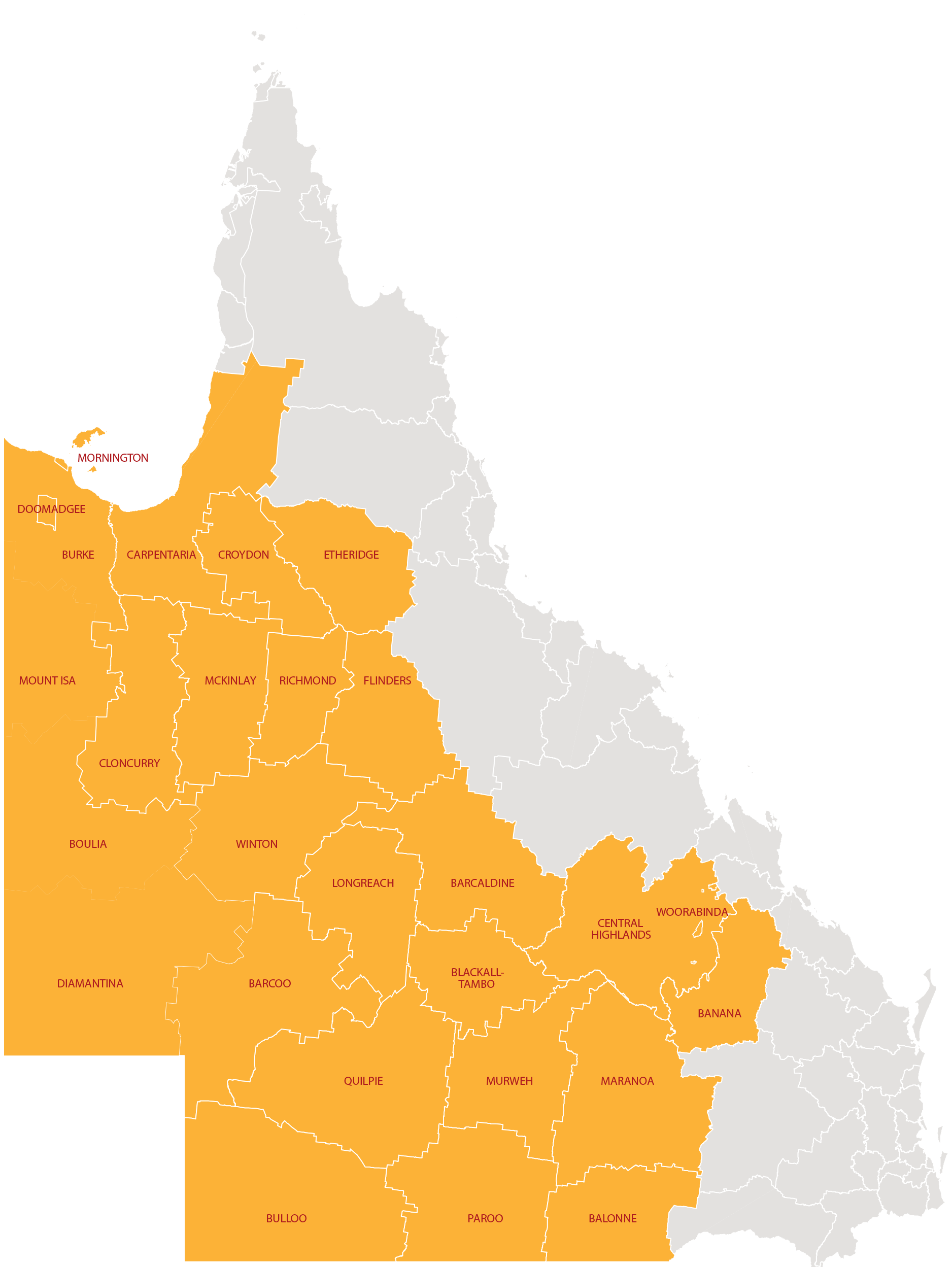 Outback Queensland is defined as the event host location within the Local Government Areas of: Balonne Shire Council, Banana Shire Council, Barcaldine Regional Council, Barcoo Shire Council, Blackall–Tambo Regional Council, Boulia Shire Council, Bulloo Shire Council, Burke Shire Council, Carpentaria Shire Council, Central Highlands Regional Council, Cloncurry Shire Council, Croydon Shire Council, Diamantina Shire Council, Doomadgee Aboriginal Shire Council, Etheridge Shire Council, Flinders Shire Council, Longreach Regional Council, Maranoa Regional Council, McKinlay Shire Council, Mornington Shire Council, Mount Isa City Council, Murweh Shire Council, Paroo Shire Council, Quilpie Shire Council, Richmond Shire Council, Winton Shire Council, Woorabinda Aboriginal Shire Council.