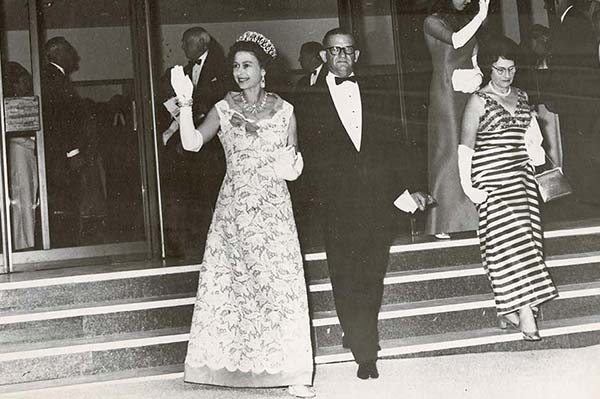 Her Majesty Queen Elizabeth II attending a Queensland Theatre Company production, <em>A Rum Do!</em> April 1970