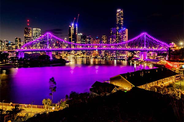 Brisbane’s iconic Story Bridge lit in purple to mark the 70th anniversary of Her Majesty Queen Elizabeth’s accession to the throne.